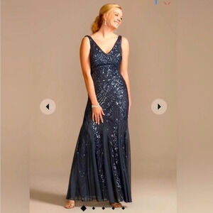 GALINA SIGNATURE Gunmetal Blue Sequins Vneck Sheath Formal Gown Dress